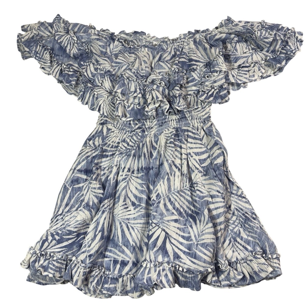 Dainty Hooligan Womens XS Blue White Palm Leaf‎ Ruffle Peasant Romper Dress Top